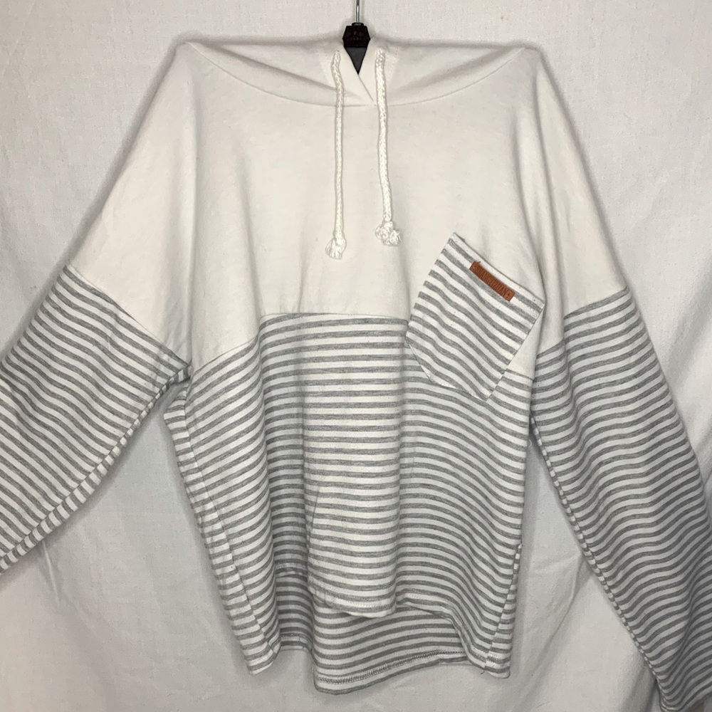 Grey and White Striped Long Sleeve with Hood